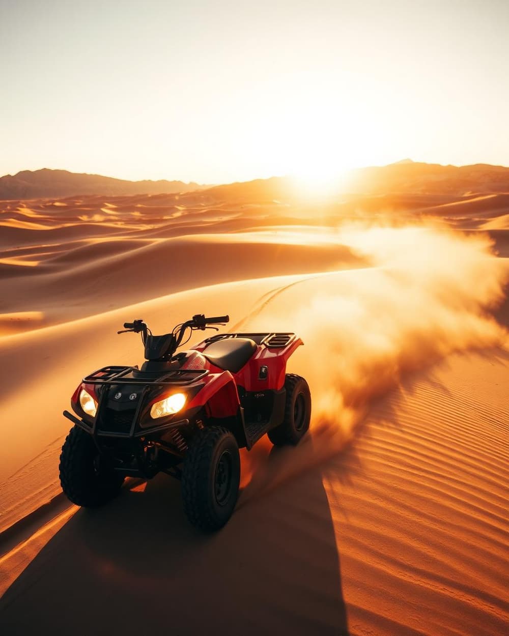 ATV kicking up sand in the Mojave desert at sunset