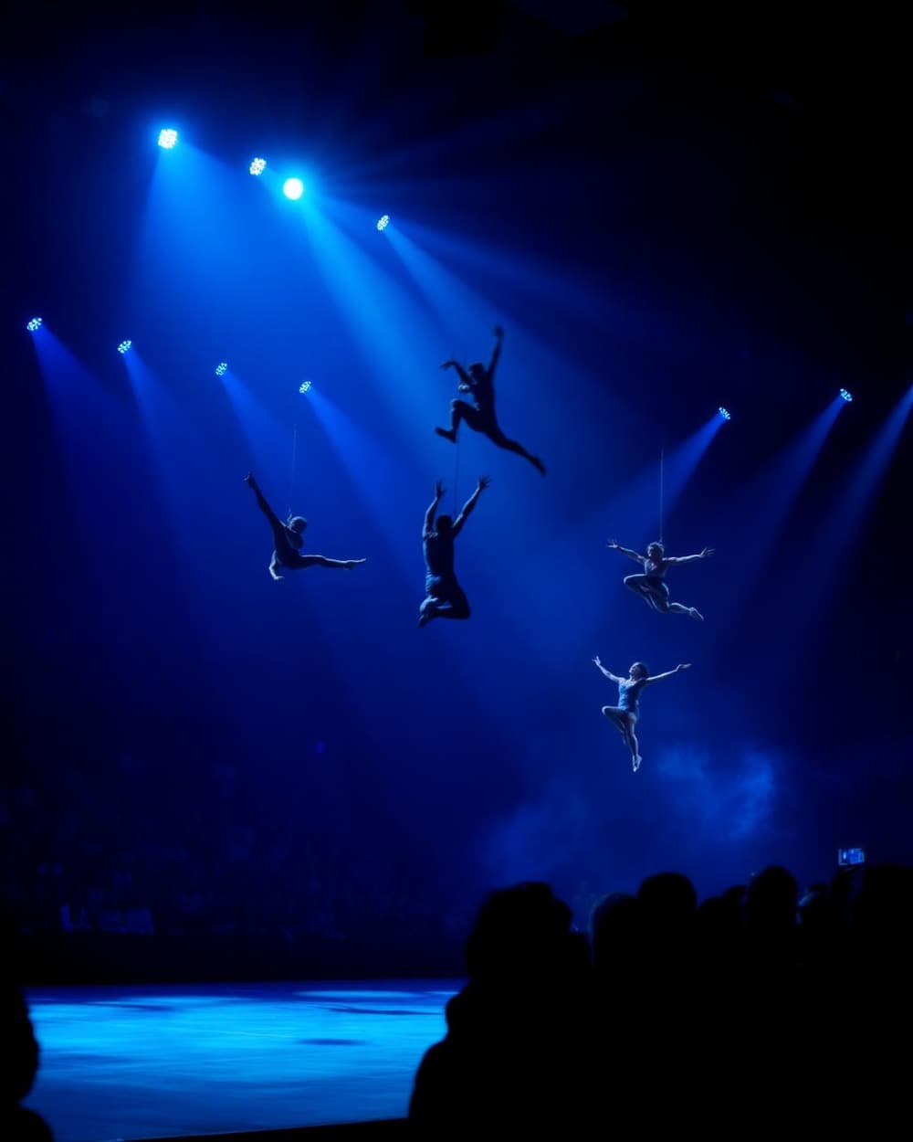 Cirque du Soleil acrobats performing above a stage pool
