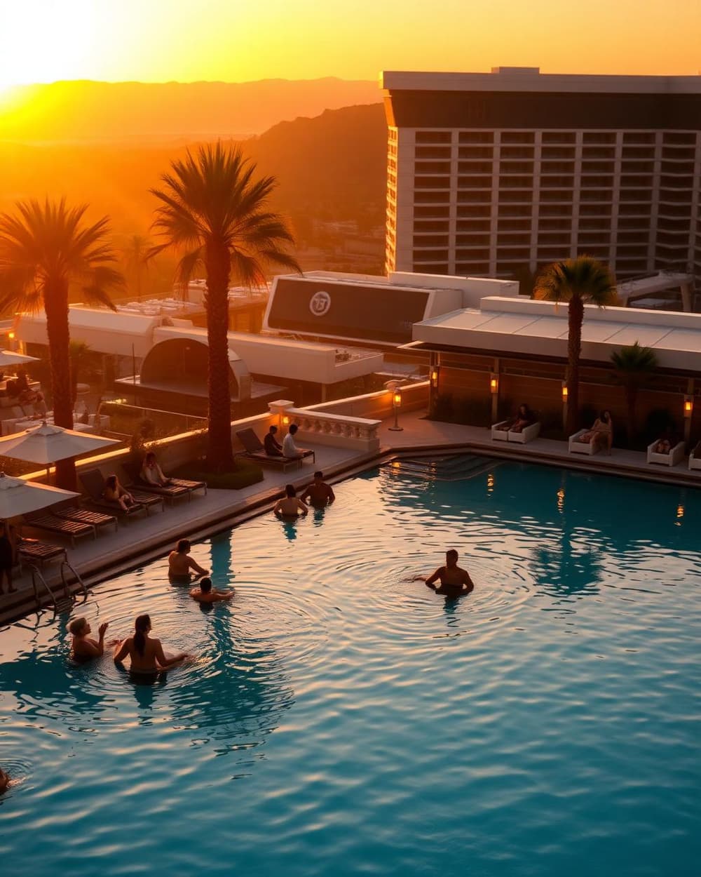 Sunlit Vegas pool club with tiered decks and crowded daybeds