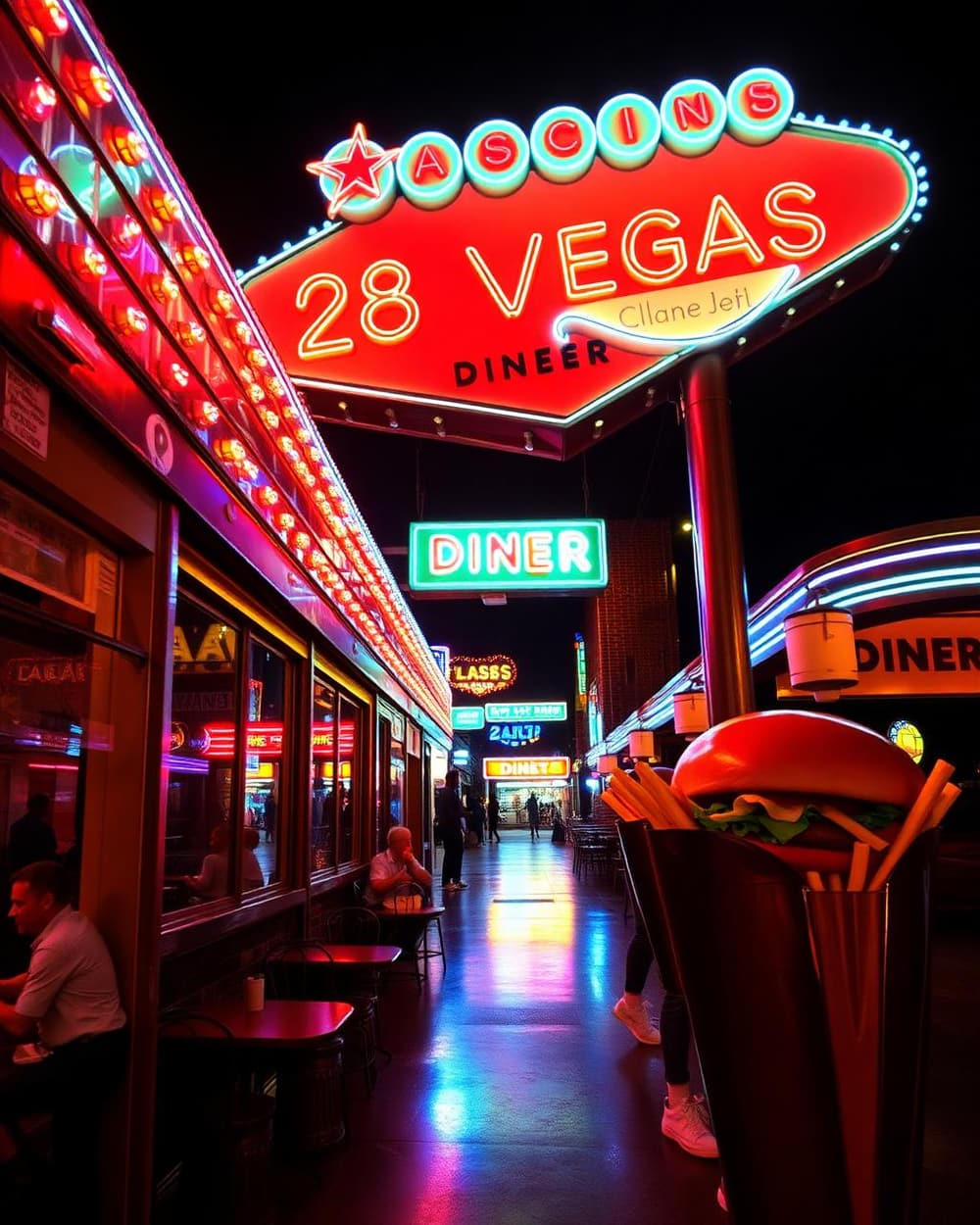 Neon-lit retro Vegas diner with red booths