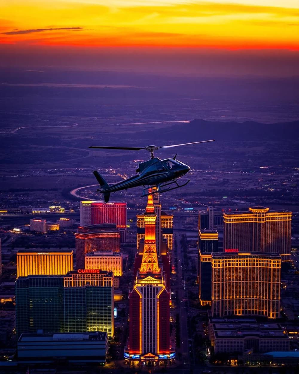 Helicopter lifting off above the Las Vegas Strip skyline
