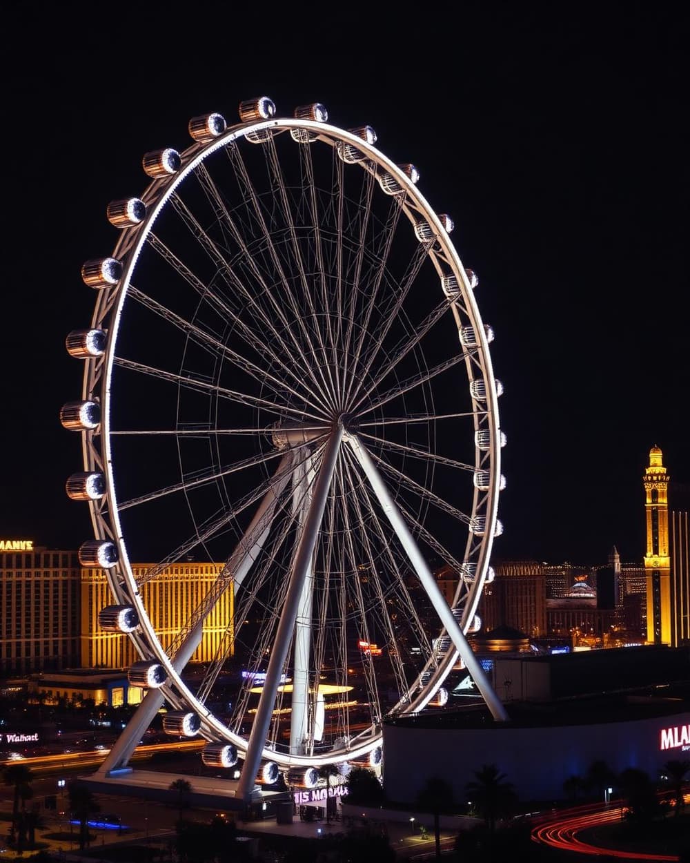 The High Roller observation wheel lit gold above the LINQ promenade