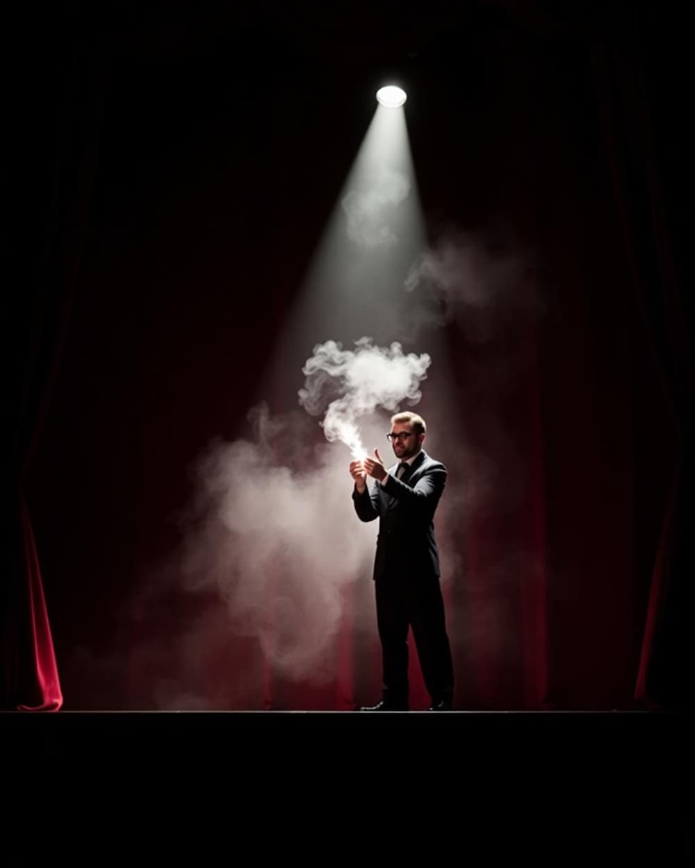 Magician on a smoky theatre stage under a single spotlight
