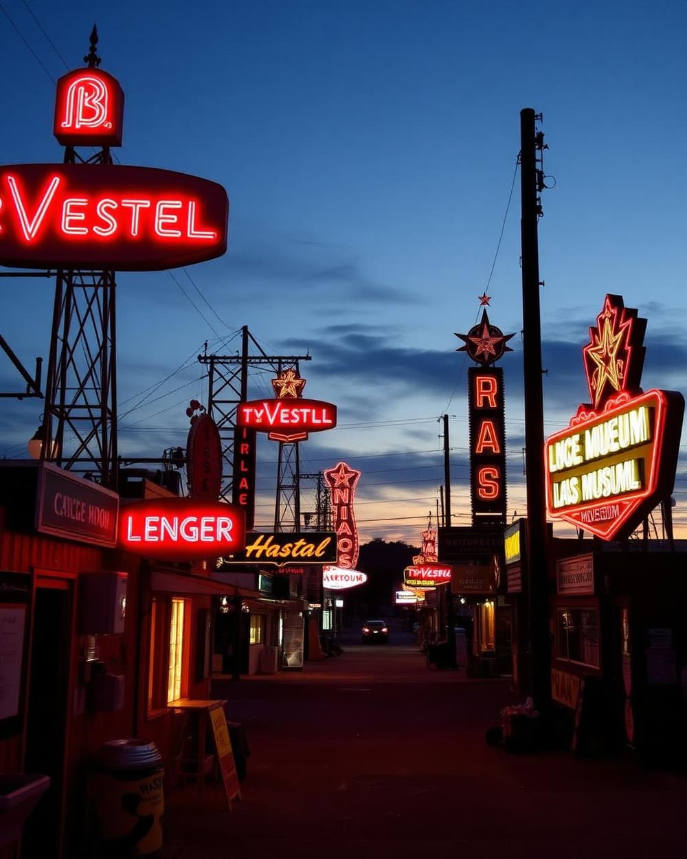 Vintage neon signs glowing in the Neon Museum Boneyard