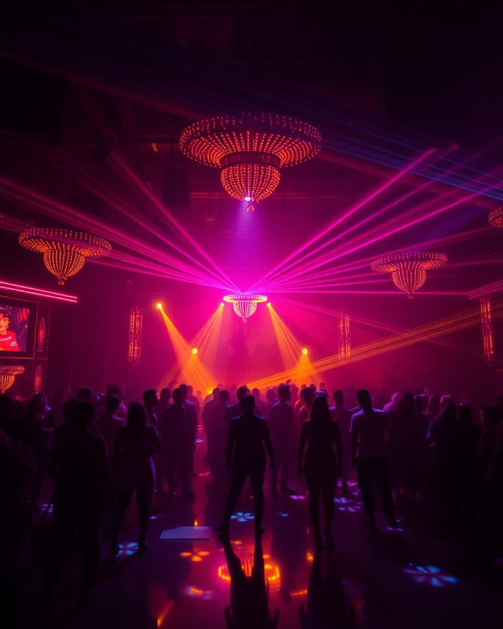 Crowded Las Vegas nightclub with kinetic chandelier and laser lights