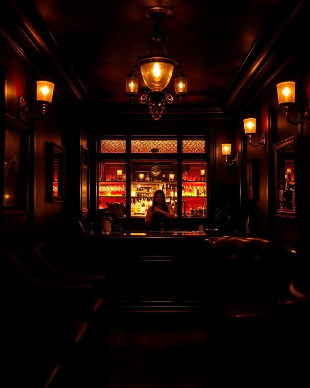 Dim, book-lined speakeasy library bar with leather chairs