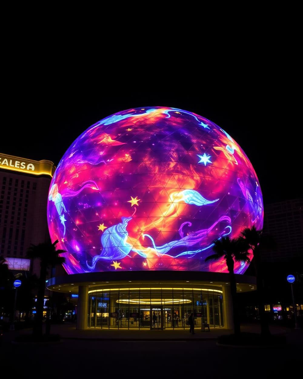 The Sphere Las Vegas glowing at night, exterior LED display